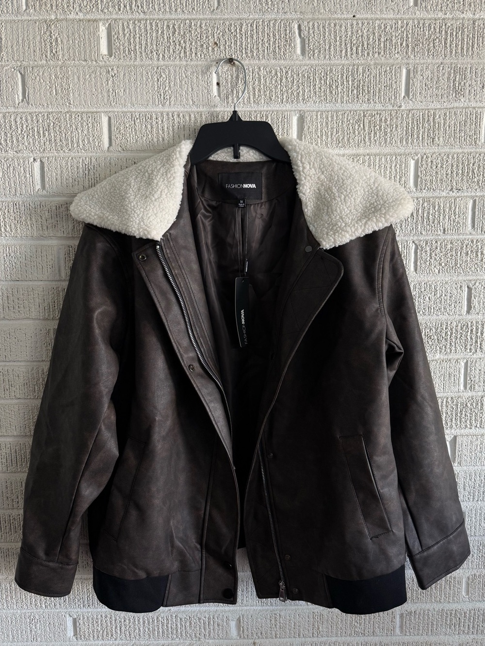 Fashion Nova Dark Brown Faux Leather Jacket with Cream Sherpa Collar